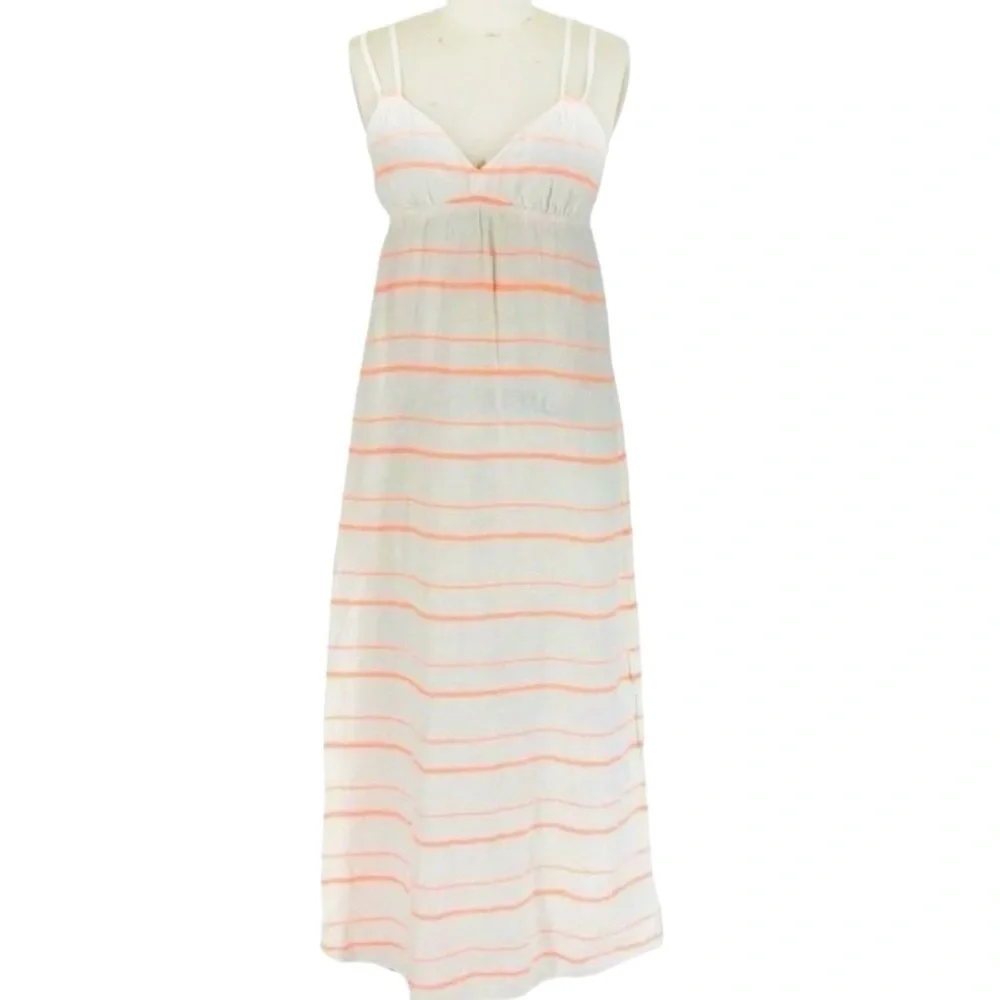 J CREW  carefree White Orange striped linen spaghetti straps fun maxi sundress